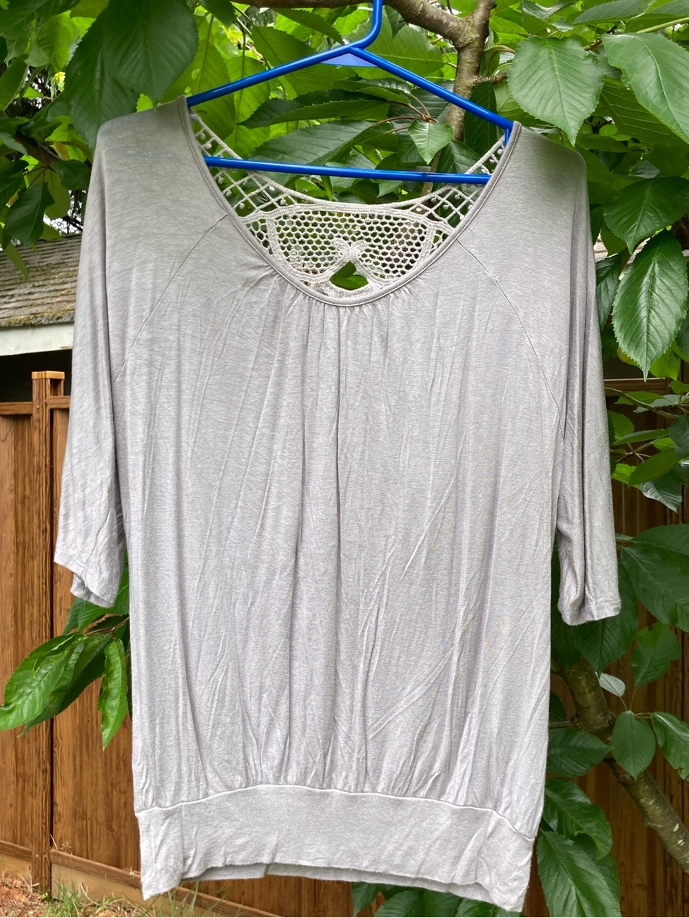 Women's Light Gray Knit Top with Crochet Back Detail